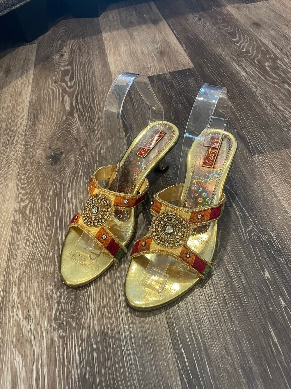 gold beaded kitten heels
